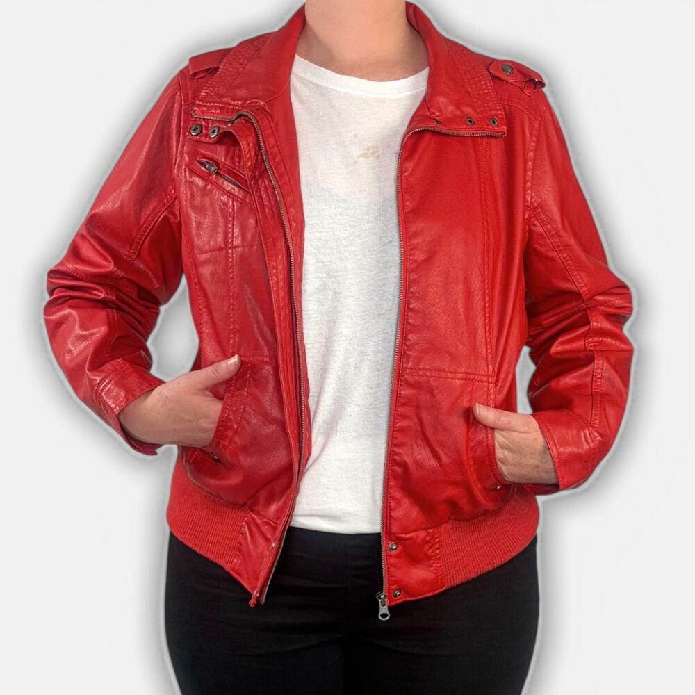Y2K Beverly Hills Polo Club Red Faux Leather Moto Bomber Funnel Neck Jacket XL